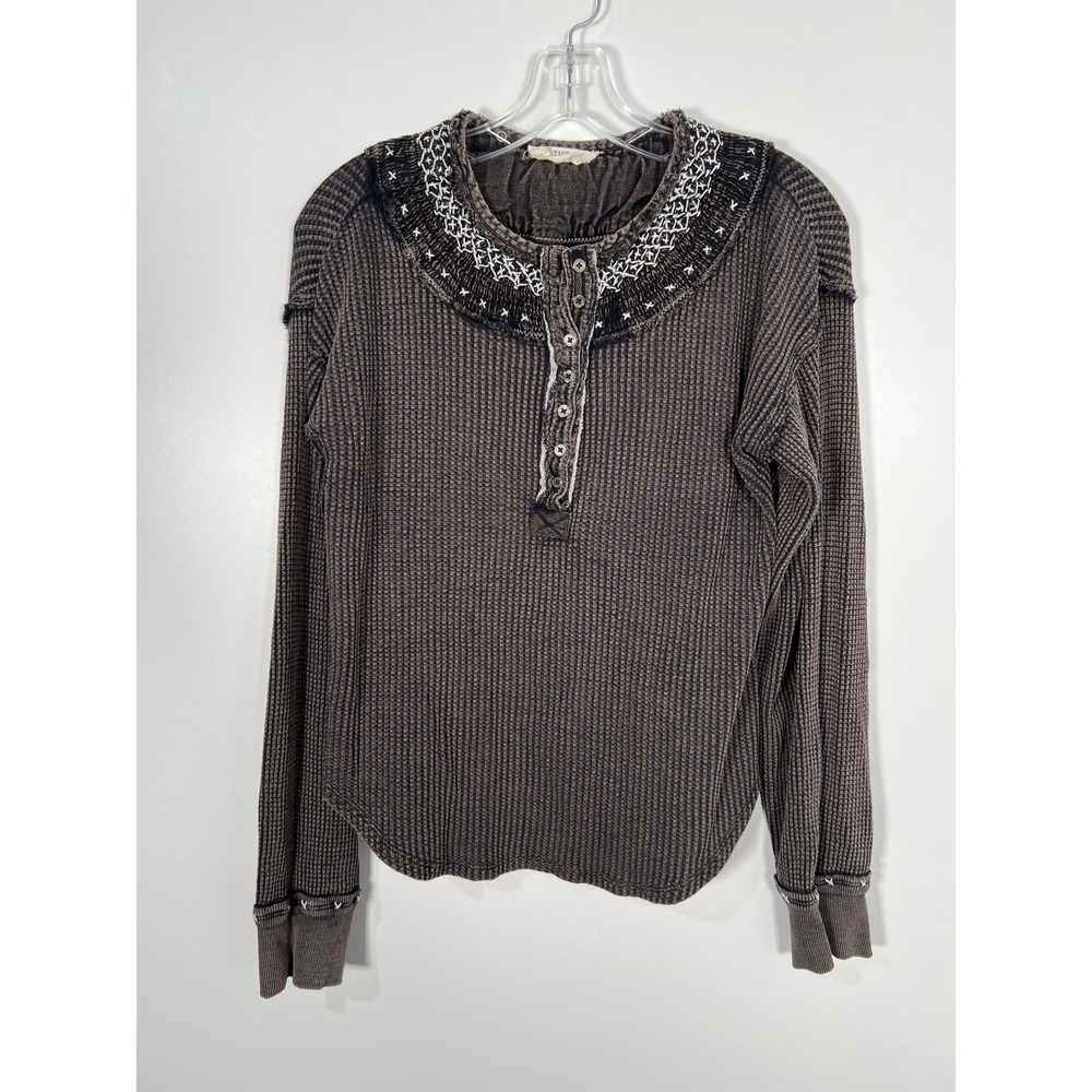 We The Free Gray Waffle Knit Cotton Henley Top Boho Distressed Long Sleeve XS
